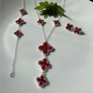 Elegant 925 Silver Red Floral Jewelry Set